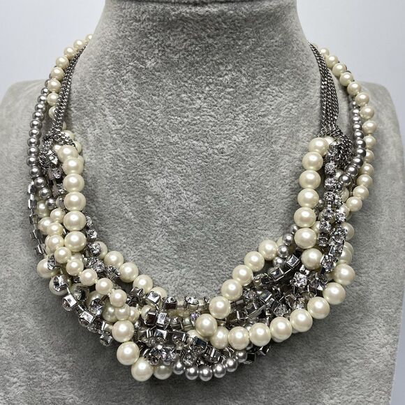 ABS Allen Schwartz Statement Glass Pearl Rhinestone Silver Tone Necklace Bold - Picture 1 of 9